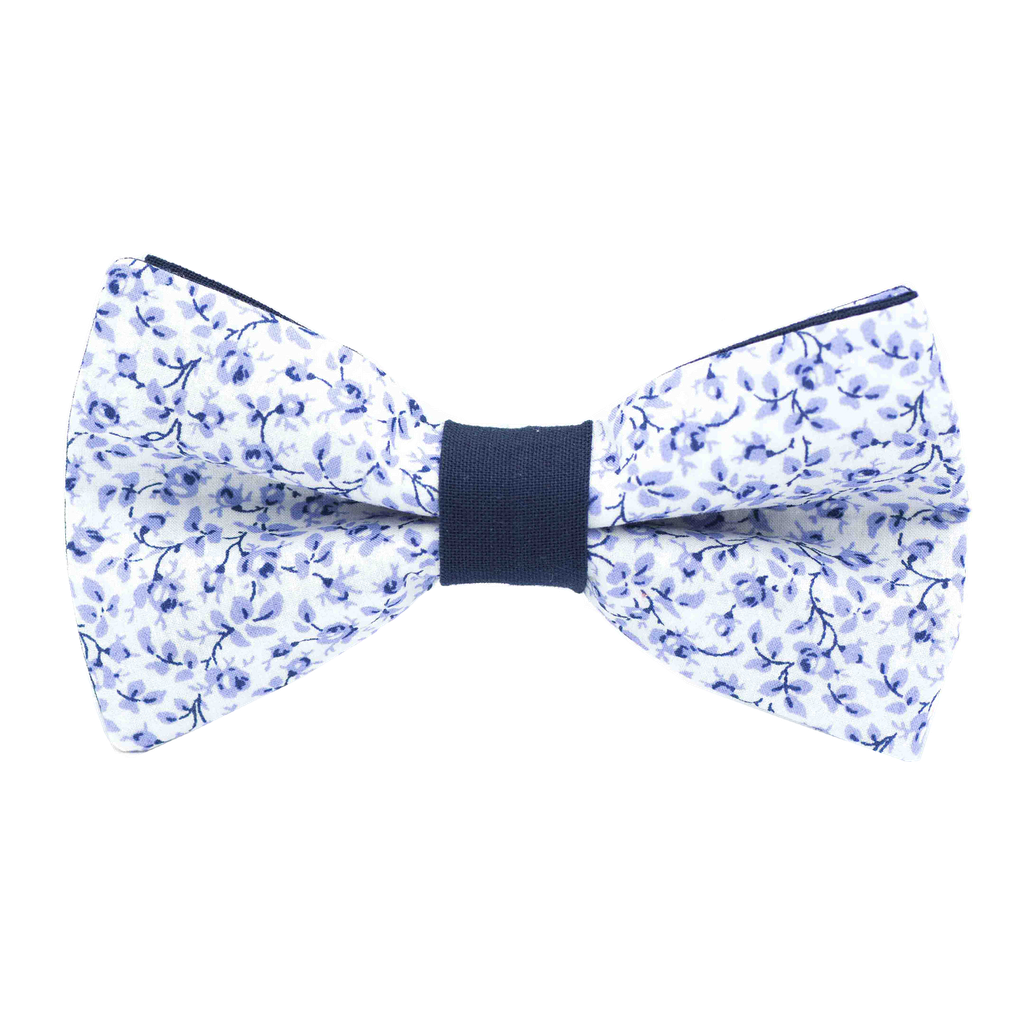 Noeud papillon Liberty "Michael" fleurs bleues sur fond blanc