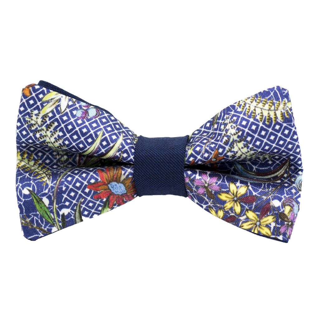 Noeud papillon "Apothicaire" fleurs colorées sur fond bleu