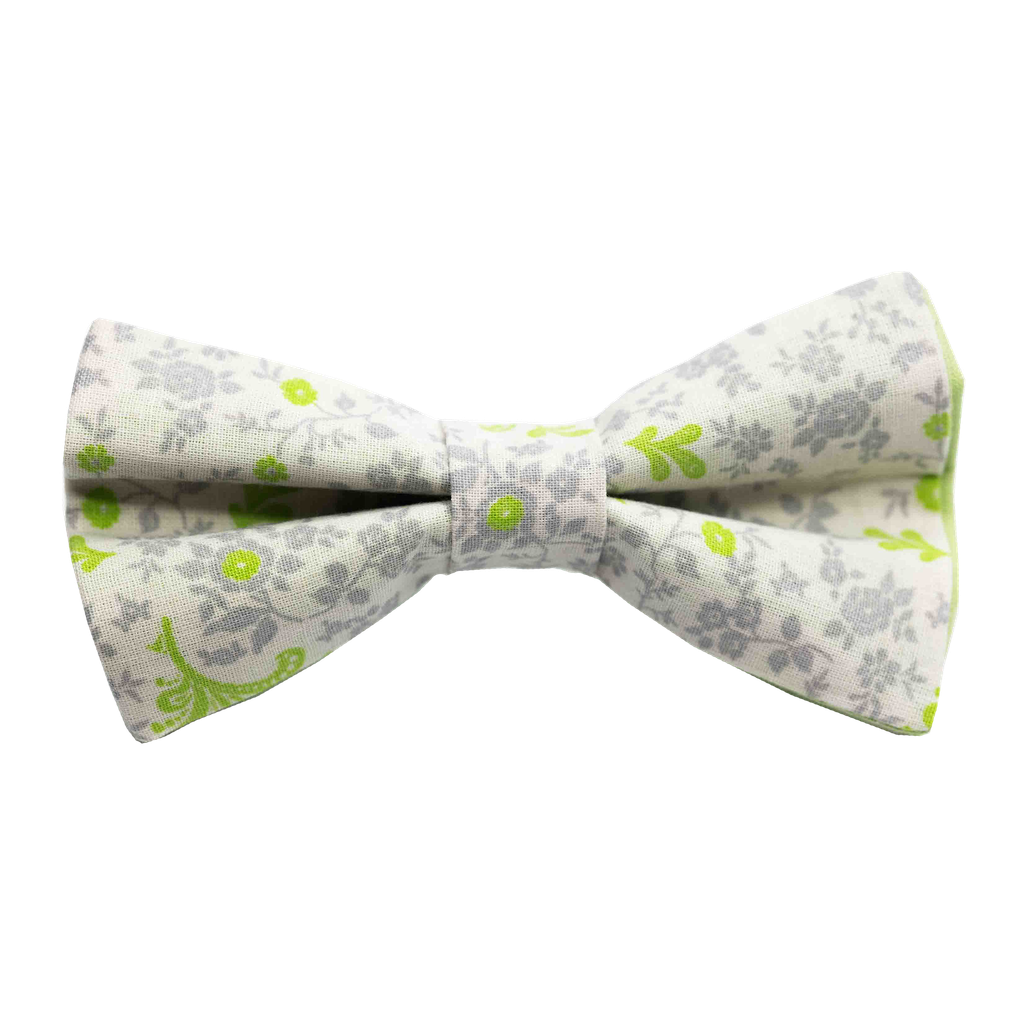 Noeud papillon "Green Touch" fleurs grises et vertes sur fond vert anis