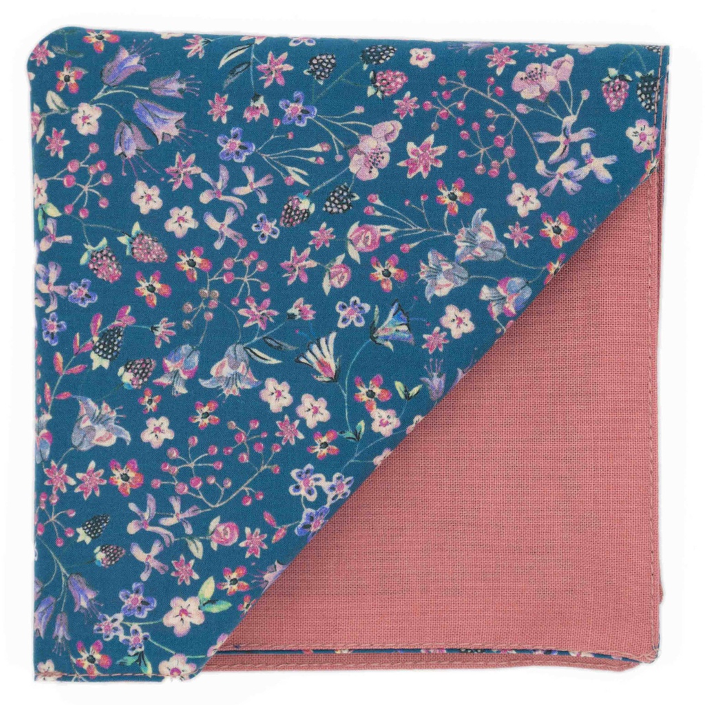 Pochette "Jardin sous l'eau" fleurs roses sur fond bleu
