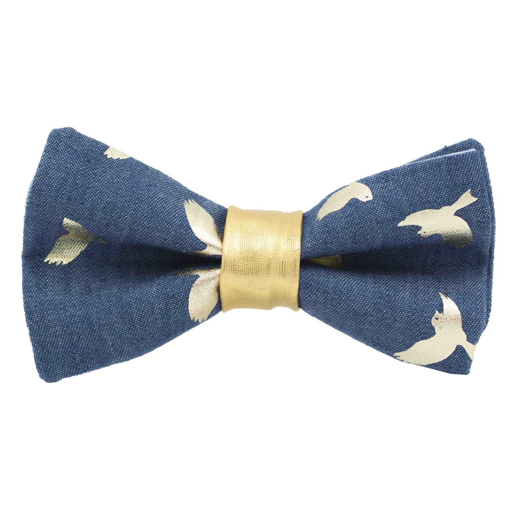 Noeud papillon jean "Peace" - Oiseaux dorés et bague dorée