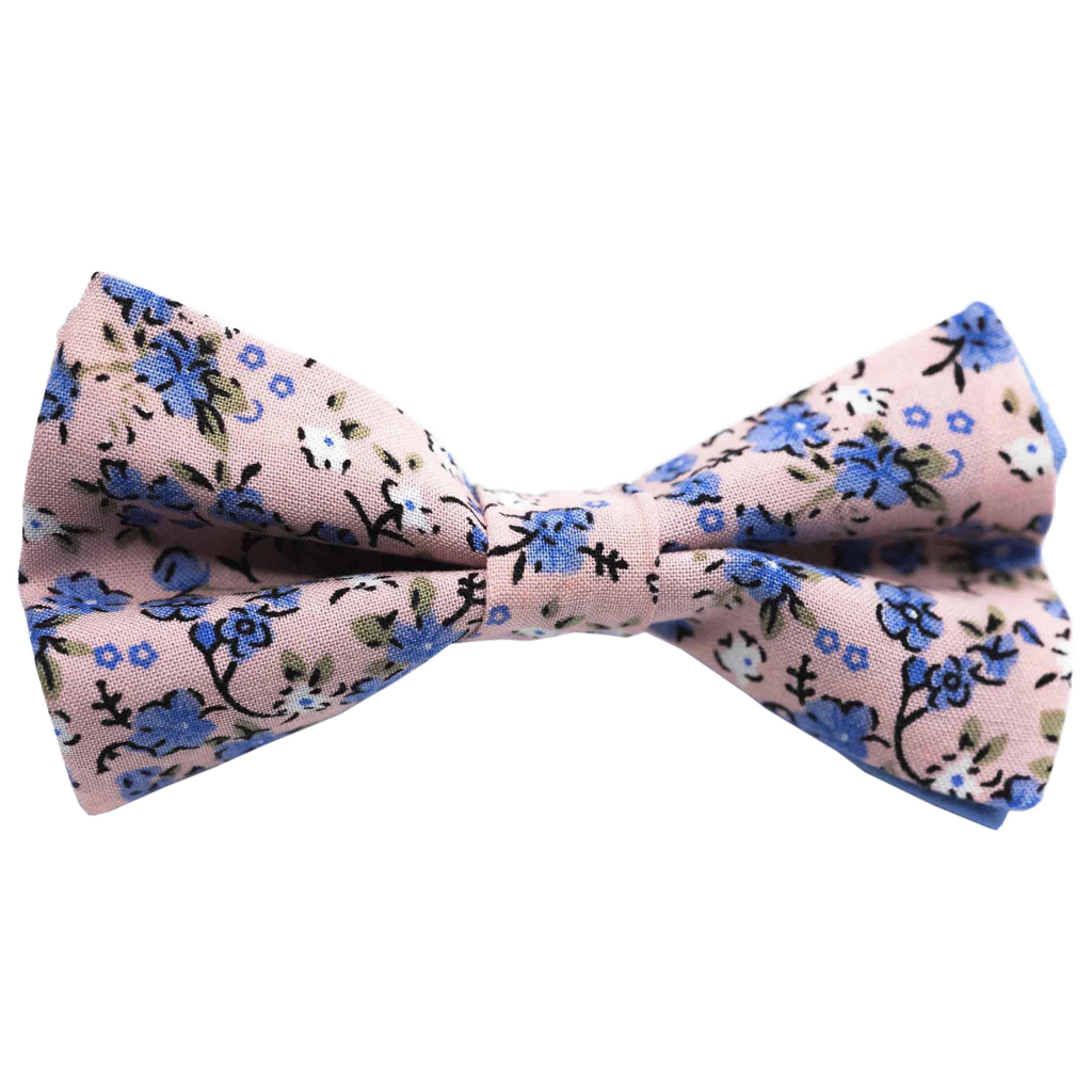 Noeud papillon "Sakura" fleurs bleues et blanches sur fond rose