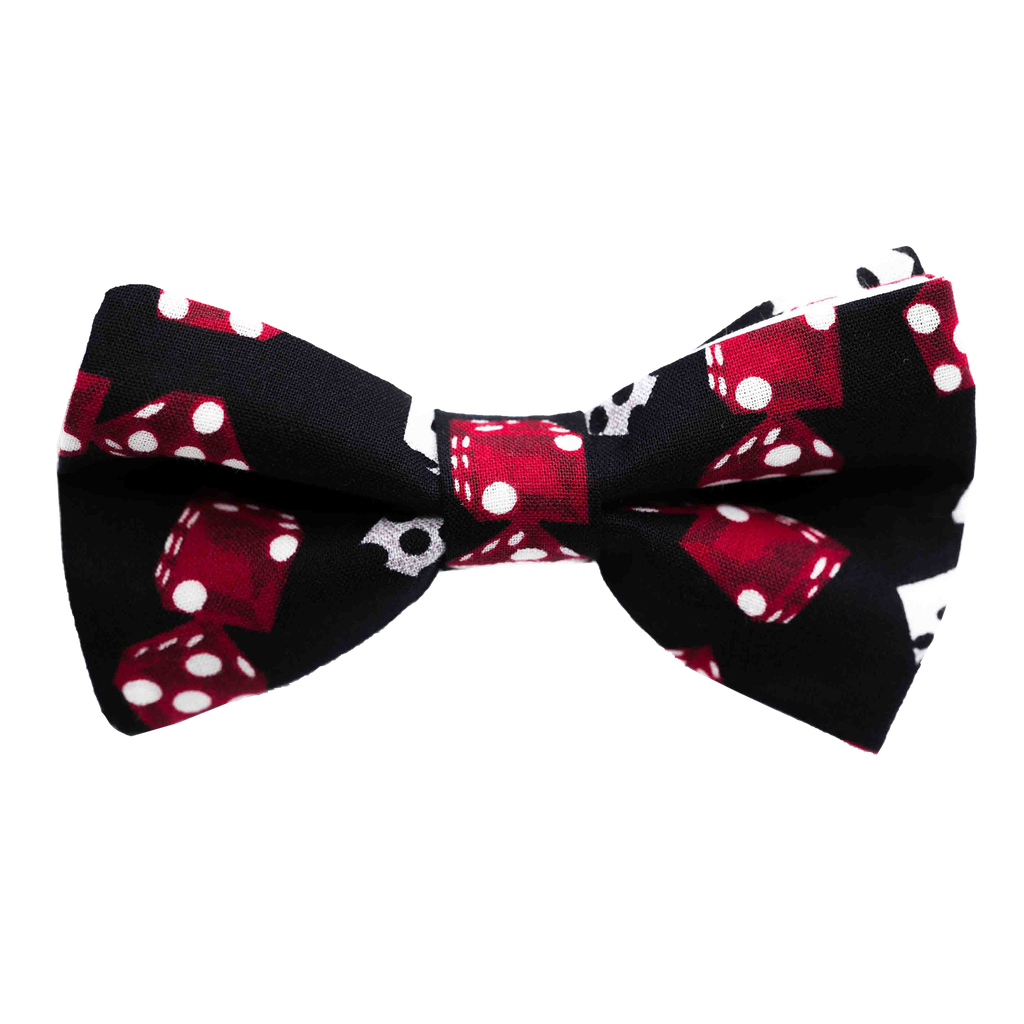 Noeud papillon "Casino Royal" dés rouges et blancs sur fond noir