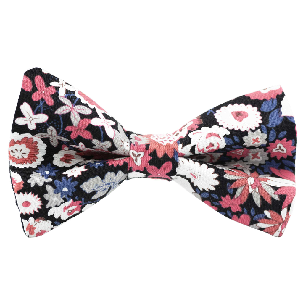 Noeud papillon "Wonderland" fleurs corail, blanches et beiges sur fond noir