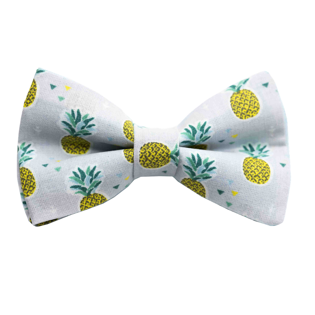 Noeud papillon "Crazy Pineapple" ananas jaune sur fond bleu gris