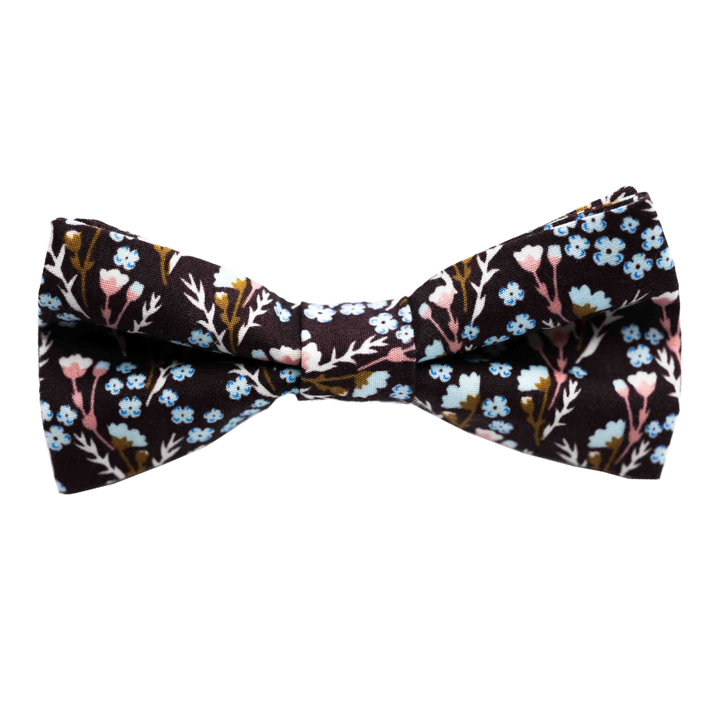 Noeud papillon "Fleur d'automne" fleurs bleues sur fond marron