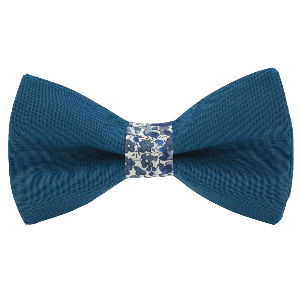 Noeud papillon uni vert canard "Vienne" bague Liberty "Emma and Georgina" bleu