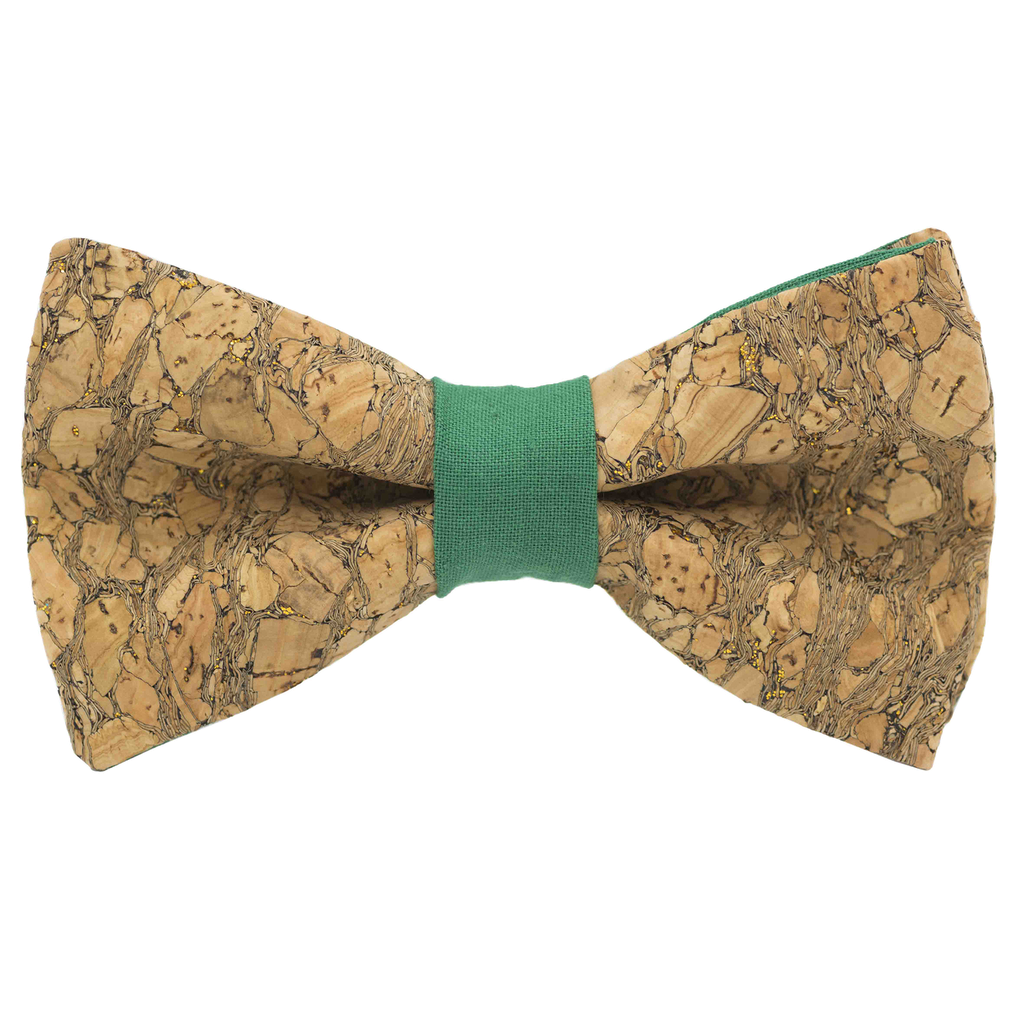 Noeud papillon en liège "Chardonnay" à paillettes dorées bague verte