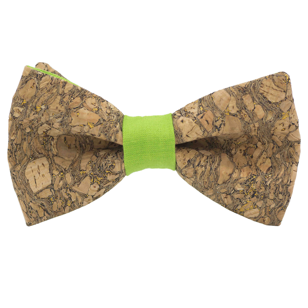 Noeud papillon en liège "Chardonnay" à paillettes dorées bague vert pomme