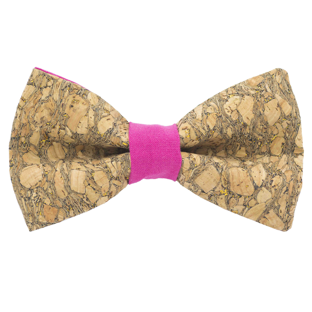 Noeud papillon en liège "Chardonnay" à paillettes dorées bague fuchsia
