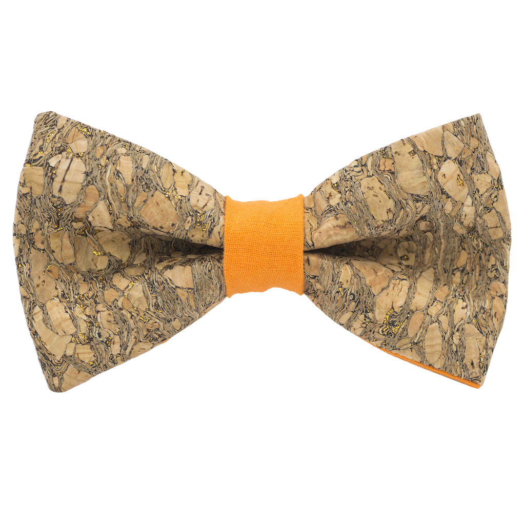 Noeud papillon en liège "Chardonnay" à paillettes dorées bague orange