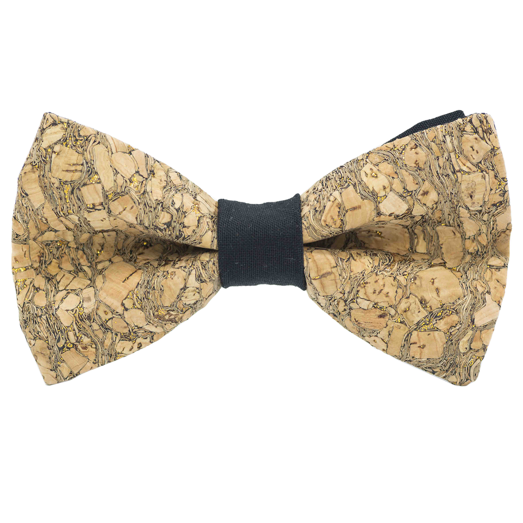 Noeud papillon en liège "Chardonnay" à paillettes dorées bague noire