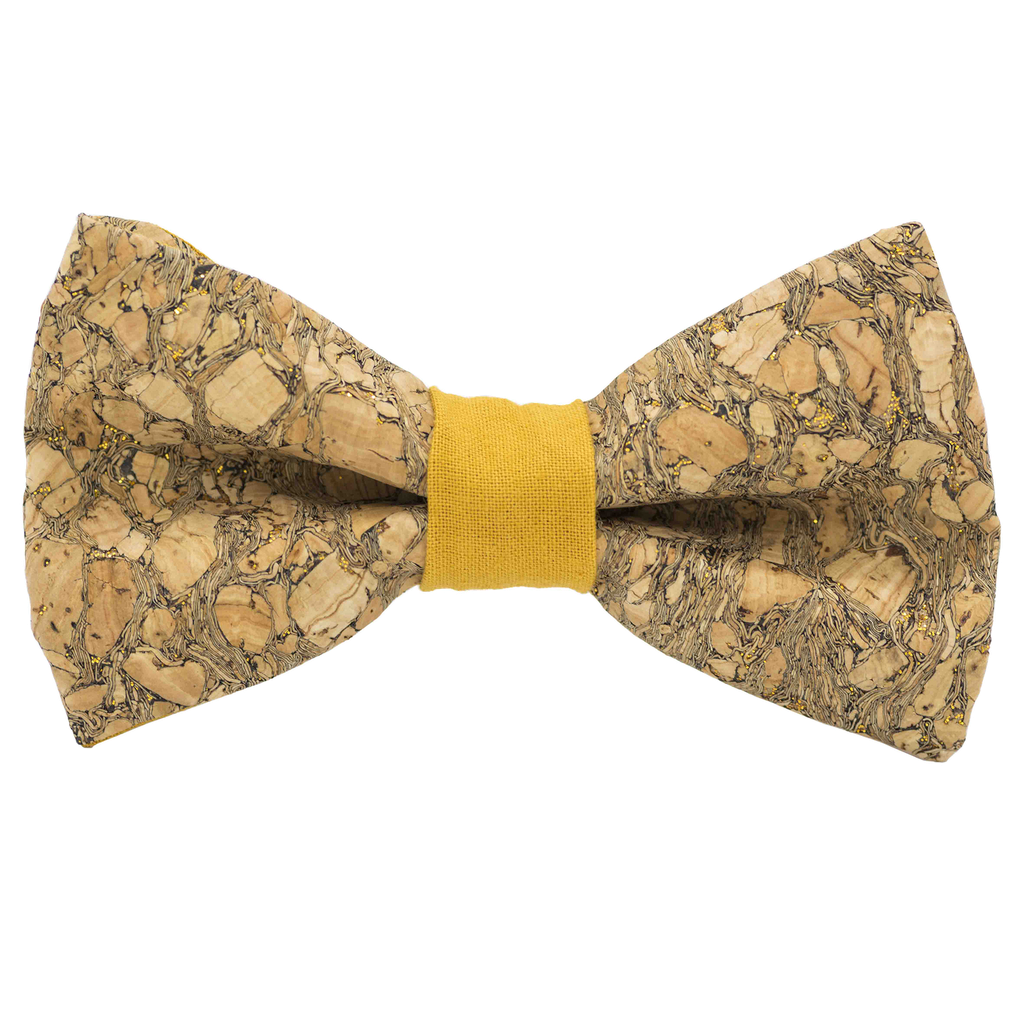 Noeud papillon en liège "Chardonnay" à paillettes dorées bague jaune moutarde