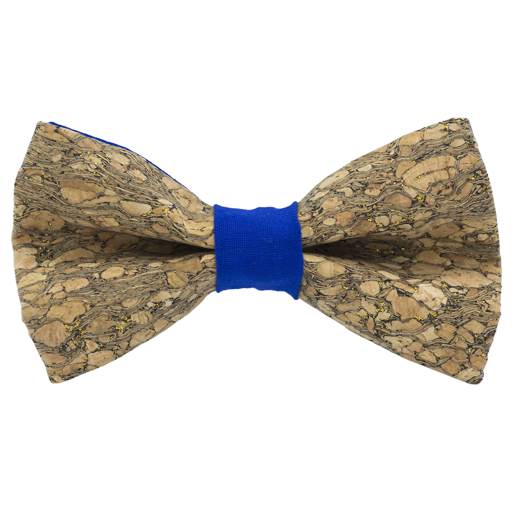 Noeud papillon en liège "Chardonnay" à paillettes dorées bague bleu roi