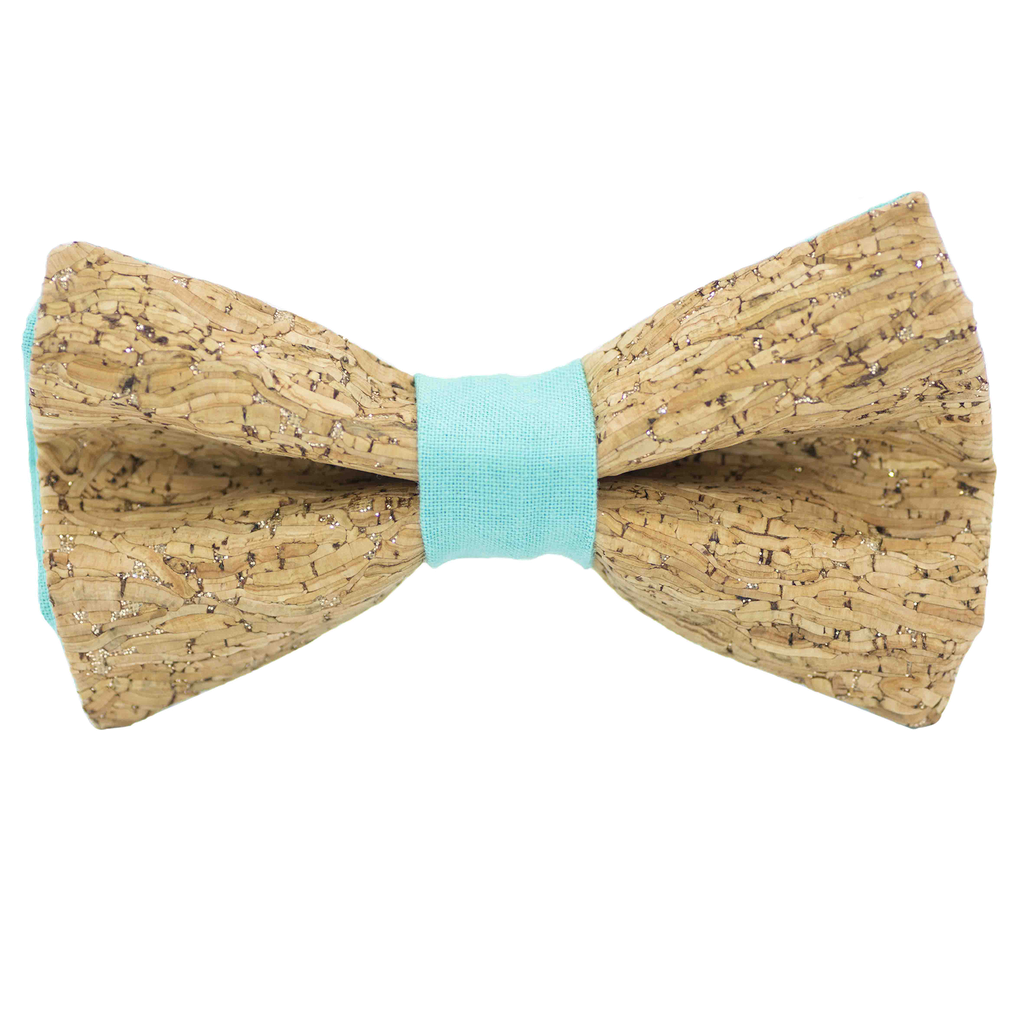 Noeud papillon en liège "Merlot" à paillettes argentées bague vert piscine