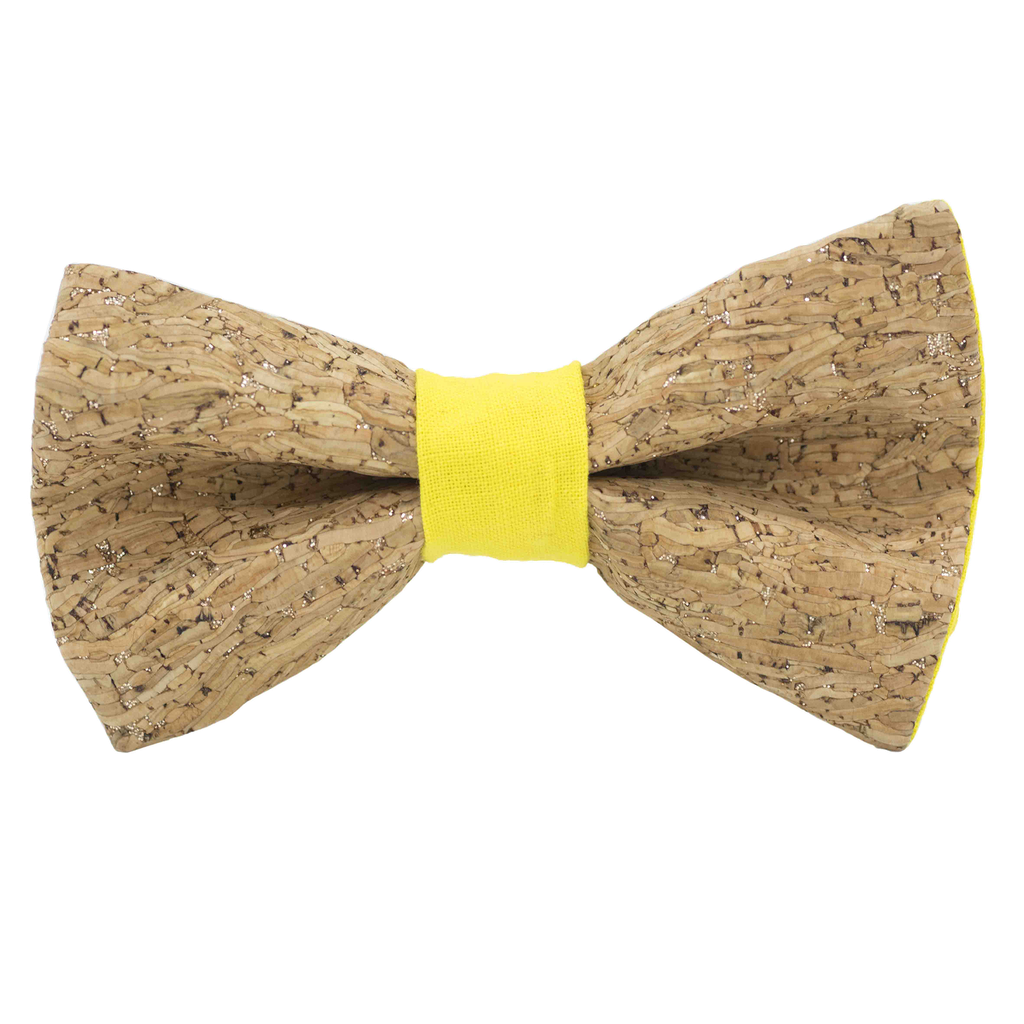 Noeud papillon en liège "Merlot" à paillettes argentées bague jaune
