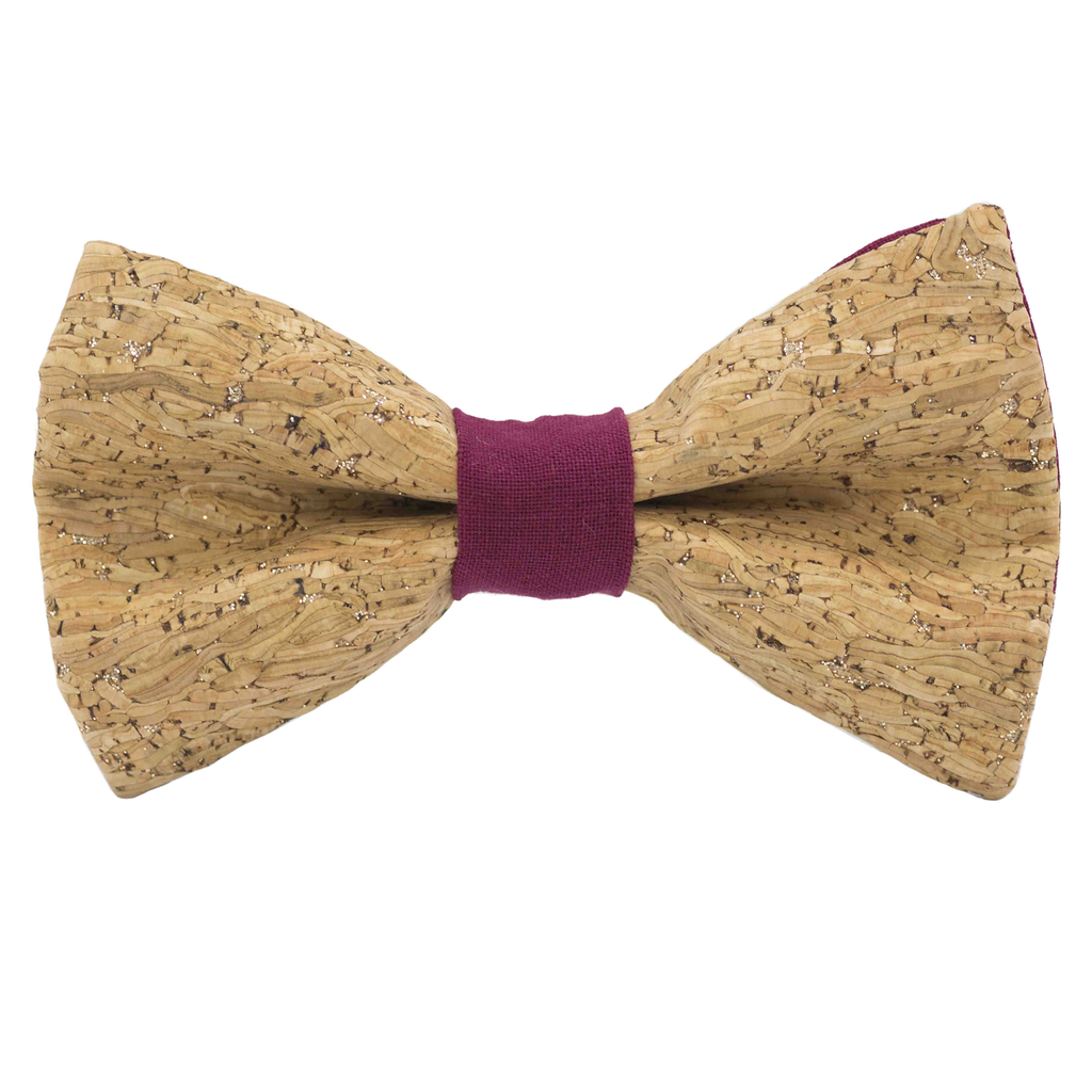 Noeud papillon en liège "Merlot" à paillettes argentées bague rose framboise