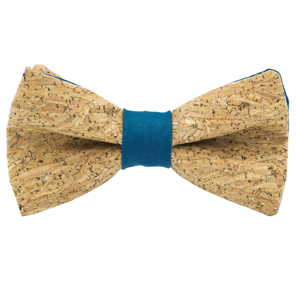Noeud papillon en liège "Merlot" à paillettes argentées bague bleu canard