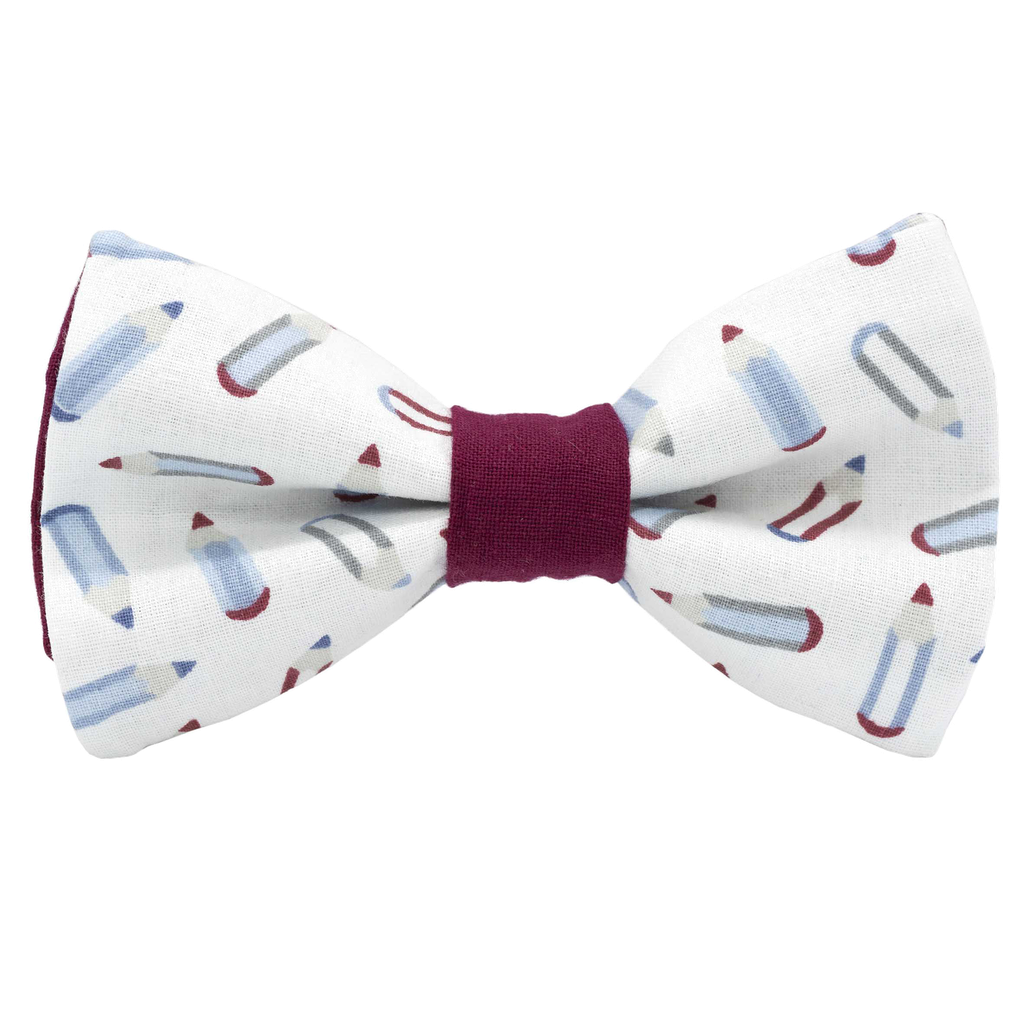 Noeud papillon "L'écolier" crayons bleus sur fond blanc