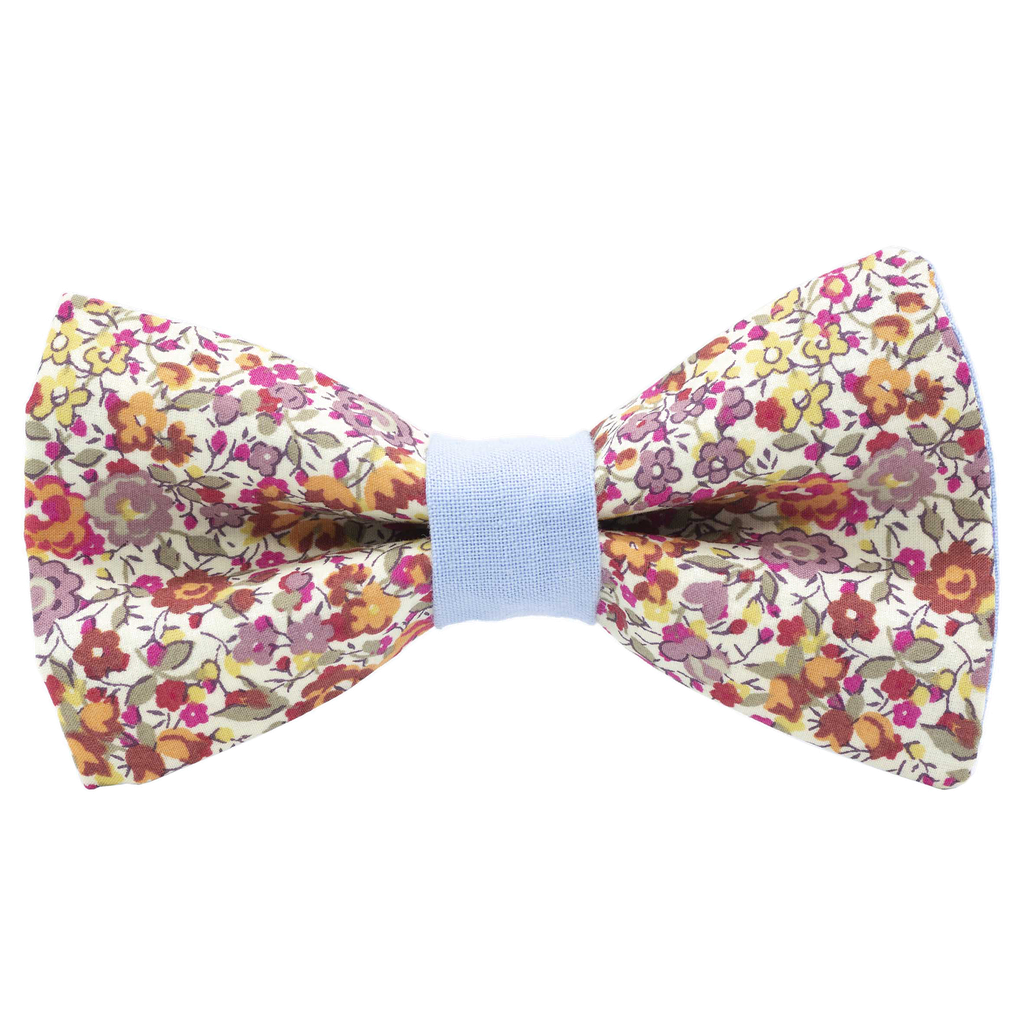 Noeud papillon Liberty "Emma and Georgina" rose poudré bague bleu ciel