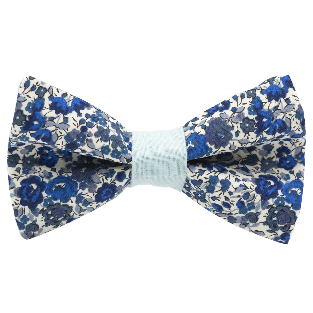 Noeud papillon Liberty "Emma and Georgina" bleu et blanc bague vert d'eau