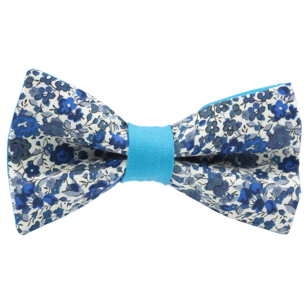 Noeud papillon Liberty "Emma and Georgina" bleu et blanc bague turquoise