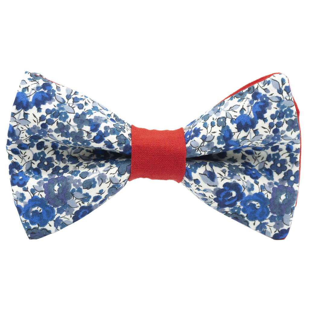 Noeud papillon Liberty "Emma and Georgina" bleu et blanc bague rouge