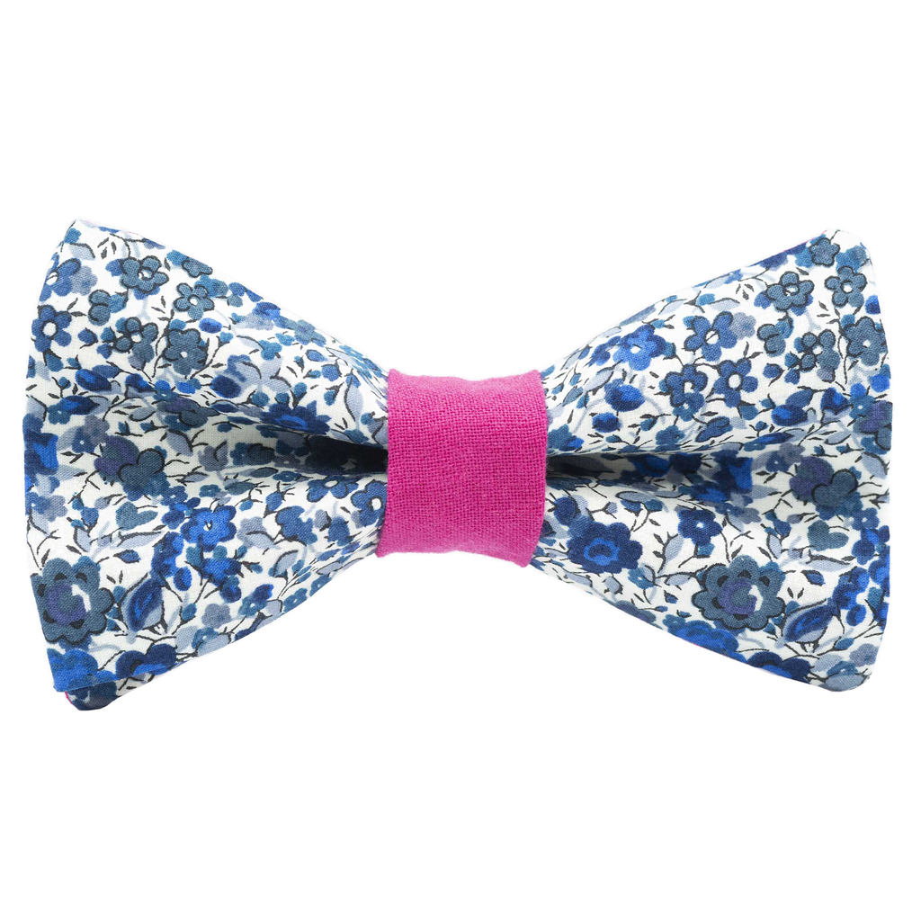 Noeud papillon Liberty "Emma and Georgina" bleu et blanc bague rose fuchsia