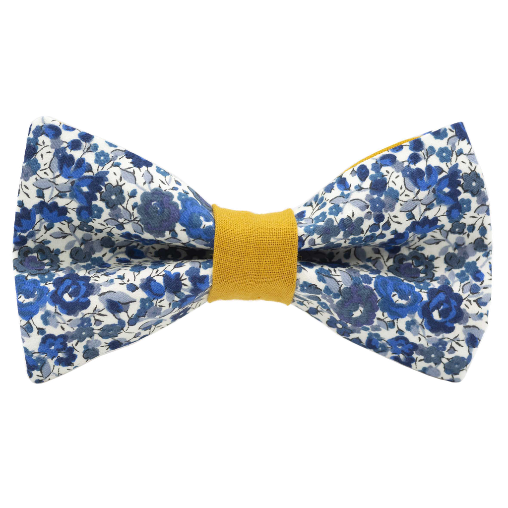 Noeud papillon Liberty "Emma and Georgina" bleu et blanc bague jaune moutarde