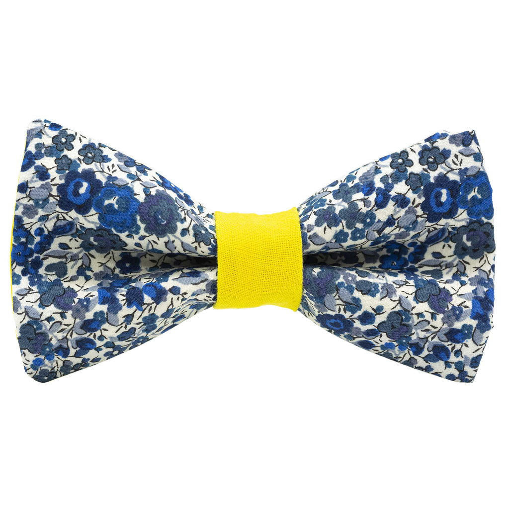 Noeud papillon Liberty "Emma and Georgina" bleu et blanc bague jaune