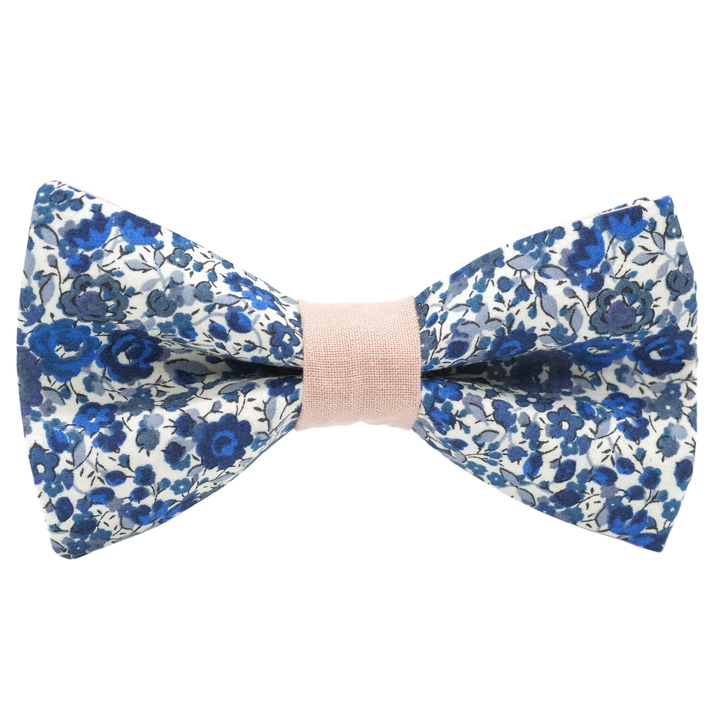 Noeud papillon Liberty "Emma and Georgina" bleu et blanc bague corail