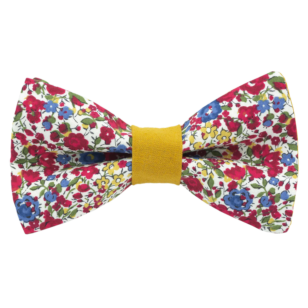 Noeud papillon Liberty "Emma and Georgina" rouge bague jaune moutarde