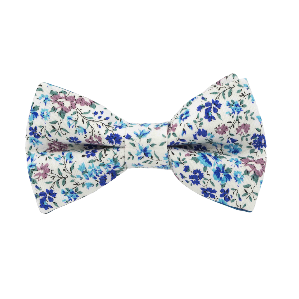 Noeud papillon "Ecume florale" fleurs bleues sur fond blanc