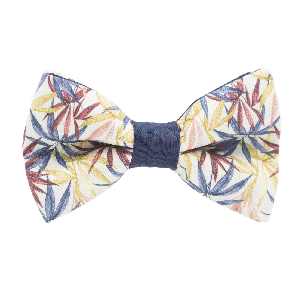 Noeud papillon "Tropical" motifs tropicaux bordeaux, bleu, jaune et rose
