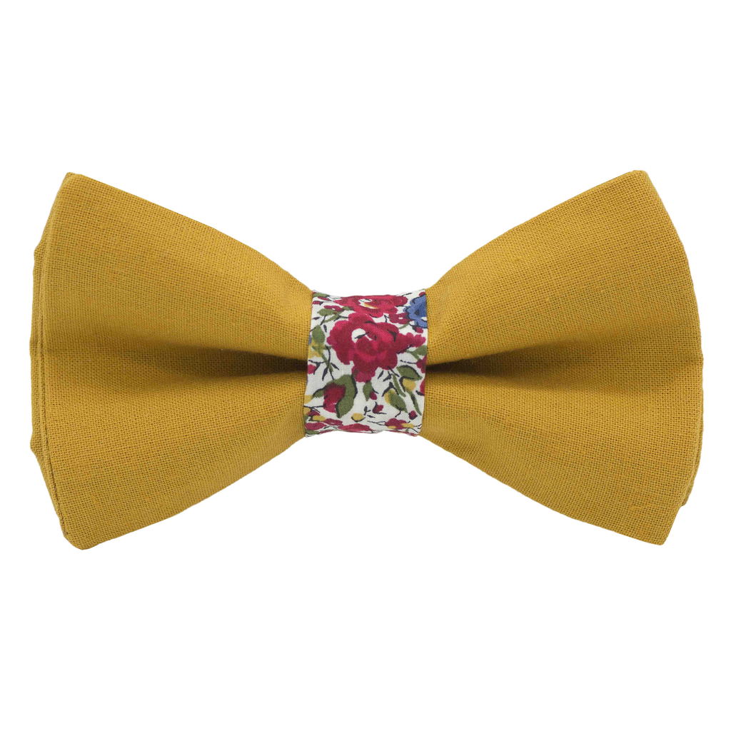 Noeud papillon uni jaune moutarde "New Delhi" bague Liberty "Emma & Georgina" rouge