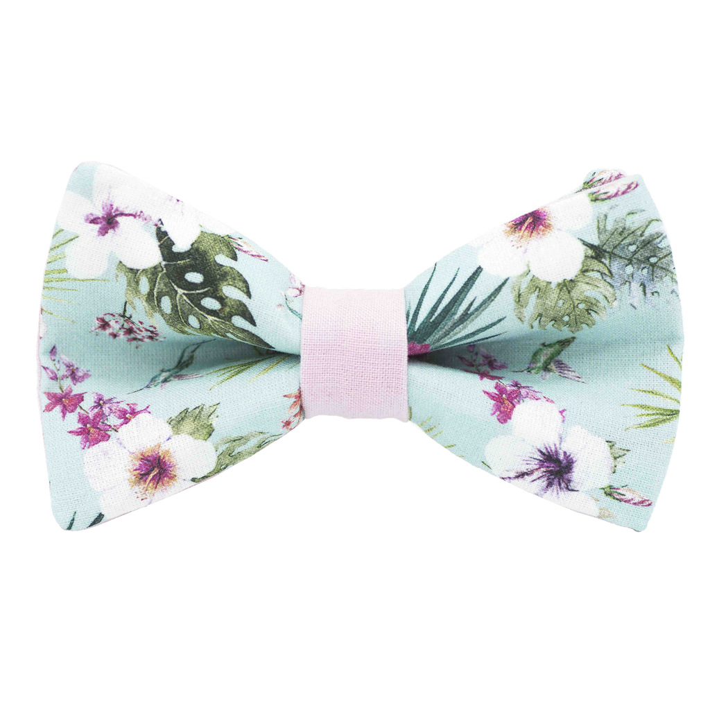 Noeud papillon "Bora Bora" motifs floraux sur fond bleu