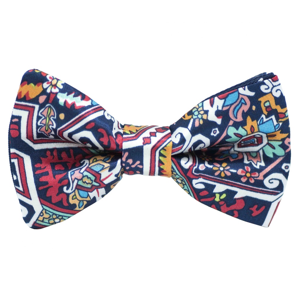 Noeud papillon "Mandala" motifs rouges sur fond bleu