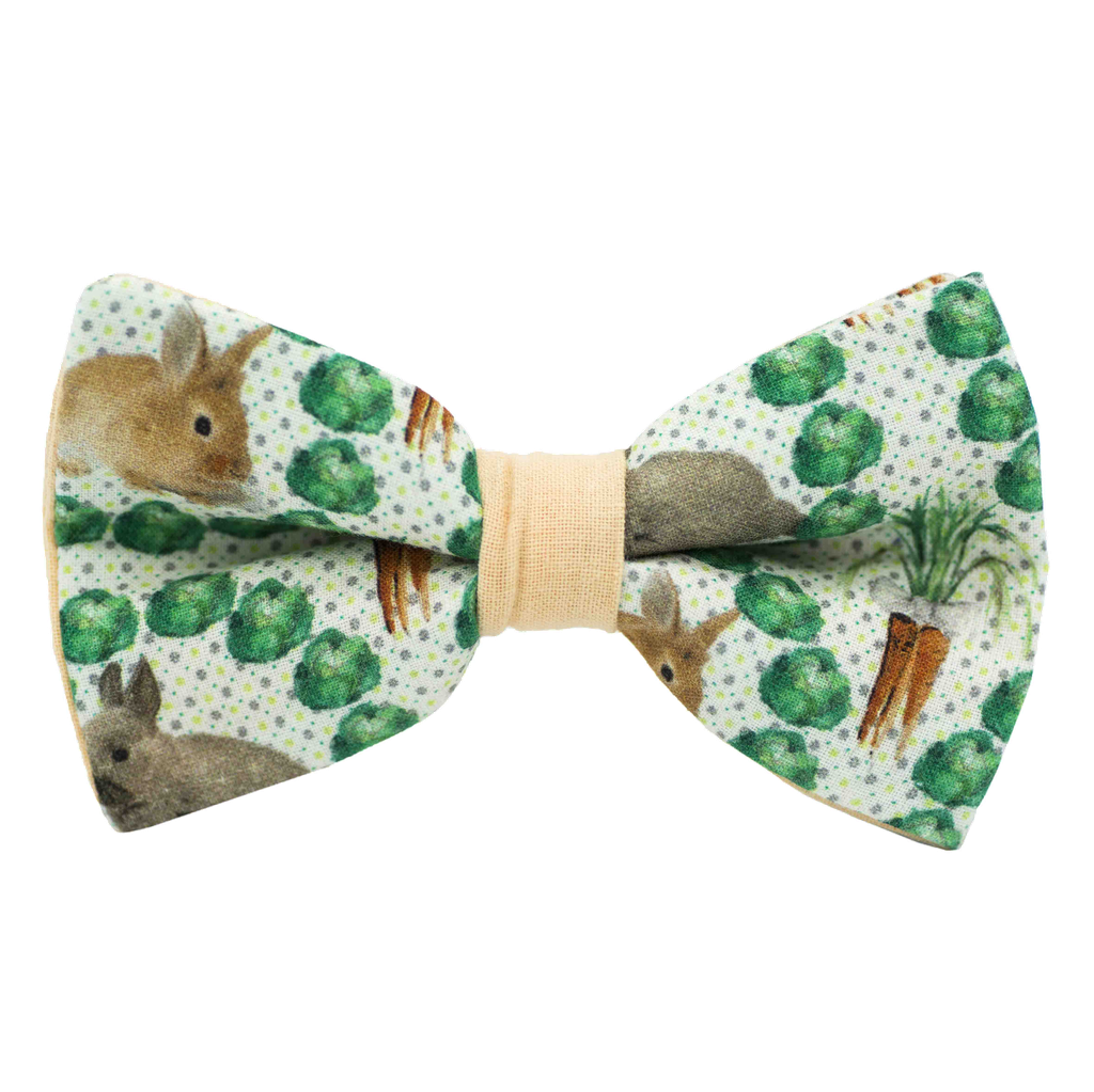 Noeud papillon "Lapinou" lapins, choux et carottes sur fond blanc