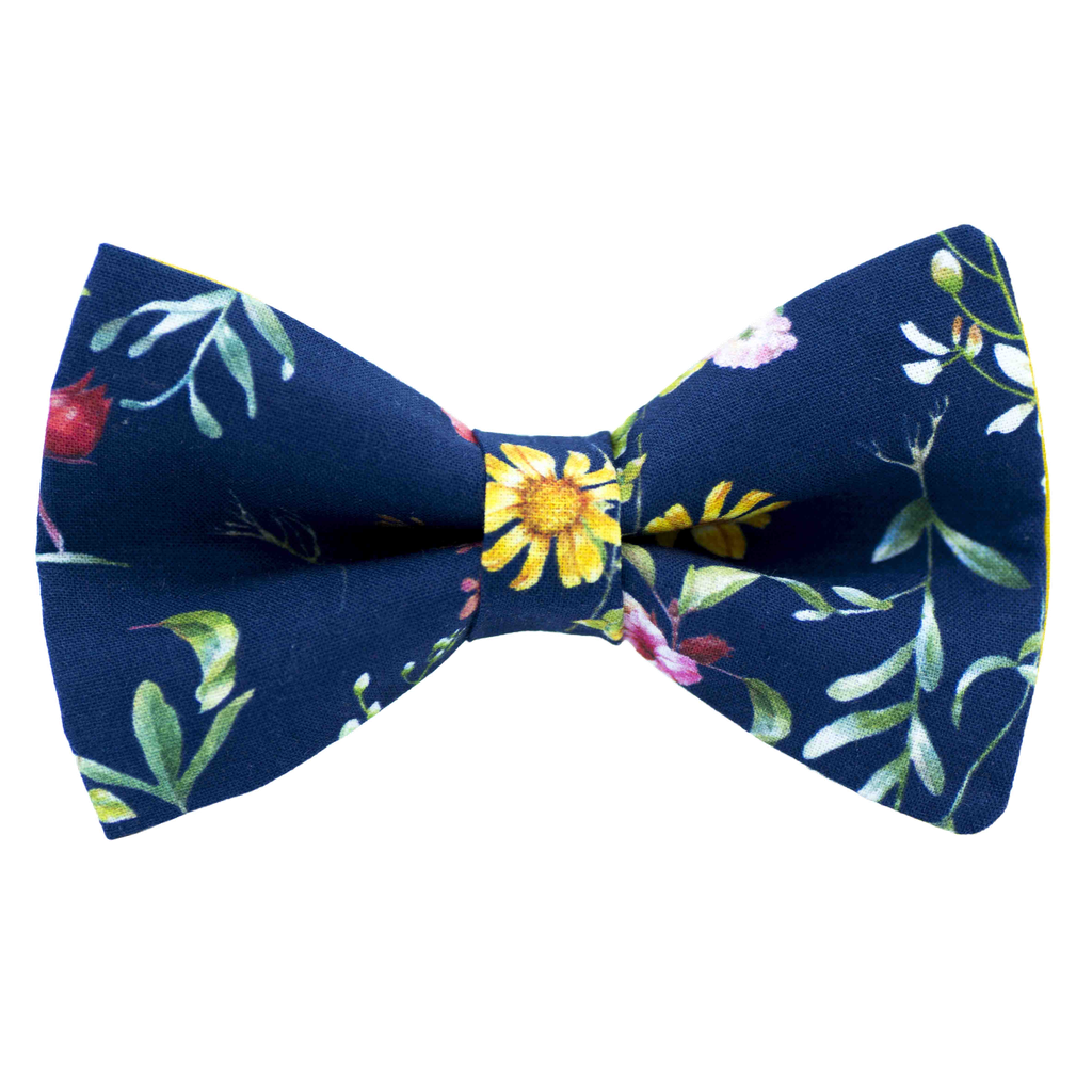 Noeud papillon "Lac Léman" fleurs colorées sur fond bleu
