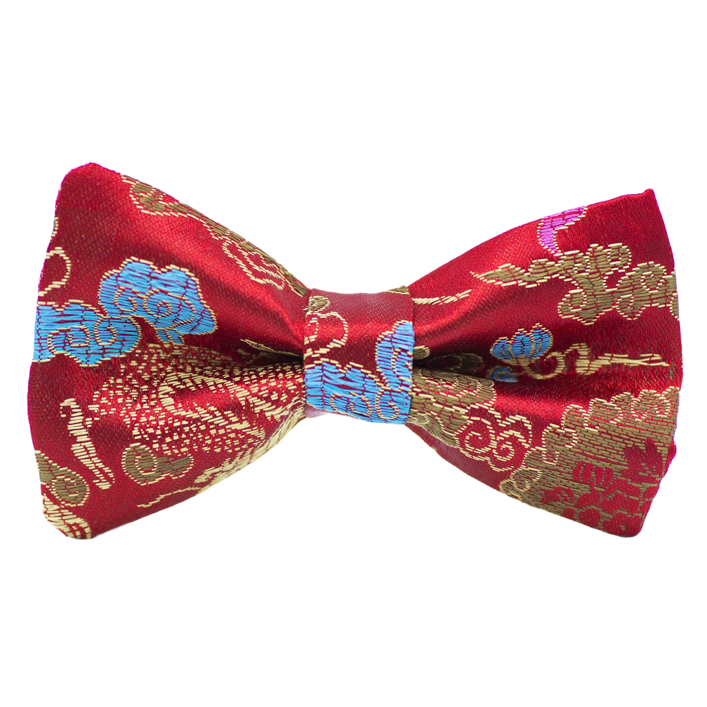 Noeud papillon "Dragon Céleste" dragons dorés sur fond rouge