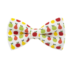 Noeud papillon "Le Verger" poires jaunes, oranges, vertes et rouges sur fond blanc