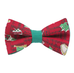 Noeud papillon "Christmas Song" notes de musique, tambour et houx sur fond rouge