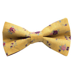 Noeud papillon "Dijonnais" fleurs roses et rouges sur fond moutarde