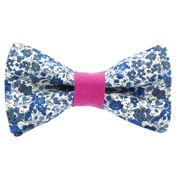 Noeud papillon Liberty "Emma and Georgina" bleu et blanc bague rose fuchsia