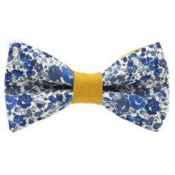 Noeud papillon Liberty "Emma and Georgina" bleu et blanc bague jaune moutarde