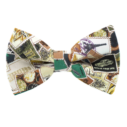 Noeud papillon "Philatéliste" timbres beiges, marrons et verts