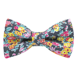 Noeud papillon Liberty "Tatum" fleurs jaunes et roses sur fond gris anthracite