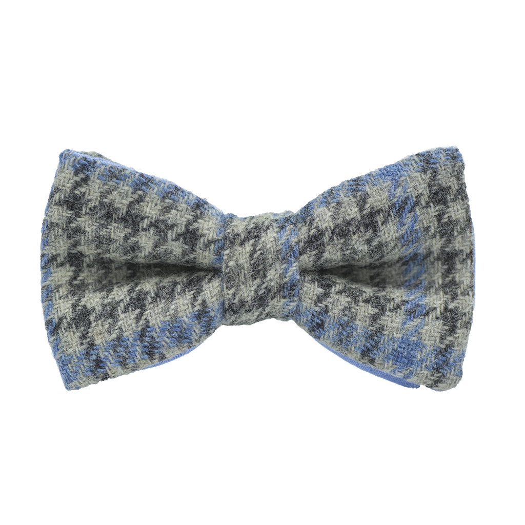 Noeud papillon en tweed "Saint Andrews" pied-de-poule gris clair et bleu ciel