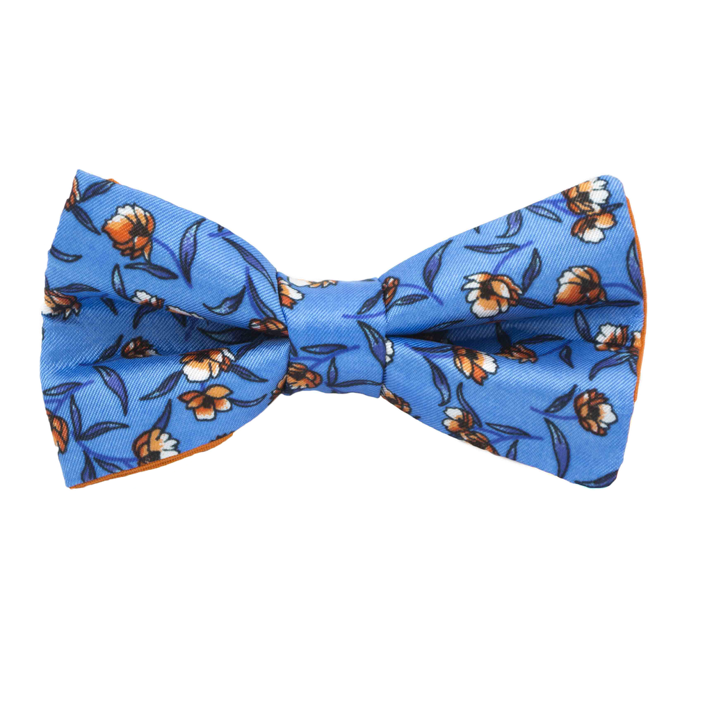 Noeud papillon "Flower Flash" fleurs orange sur fond bleu