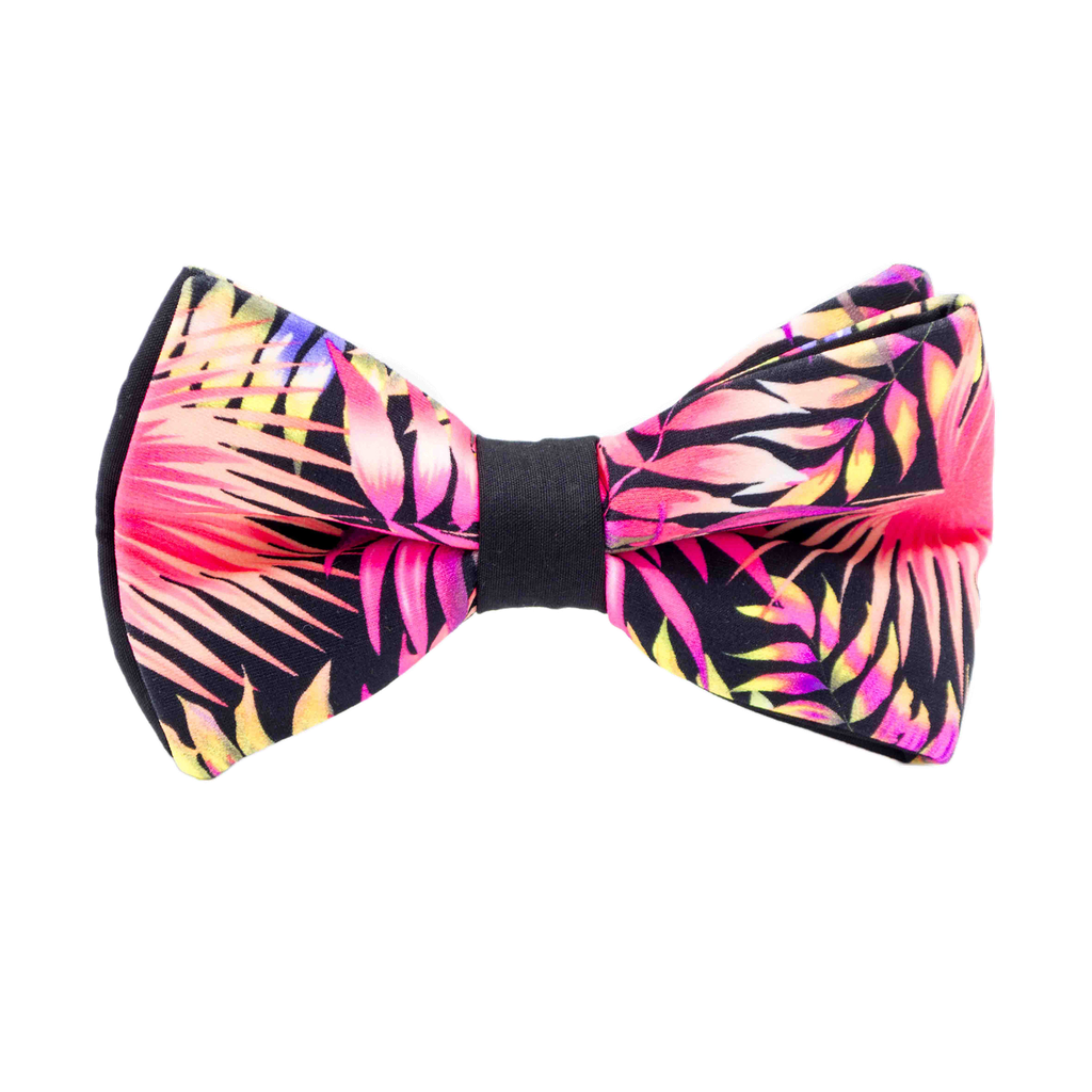 Noeud papillon "Full Moon" feuilles exotiques rose fluo sur fond noir